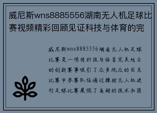 威尼斯wns8885556湖南无人机足球比赛视频精彩回顾见证科技与体育的完美结合