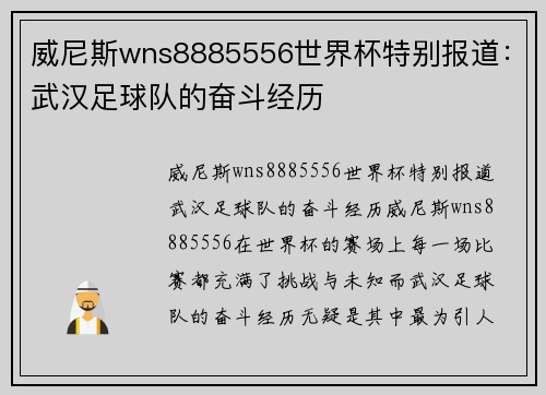 威尼斯wns8885556世界杯特别报道：武汉足球队的奋斗经历