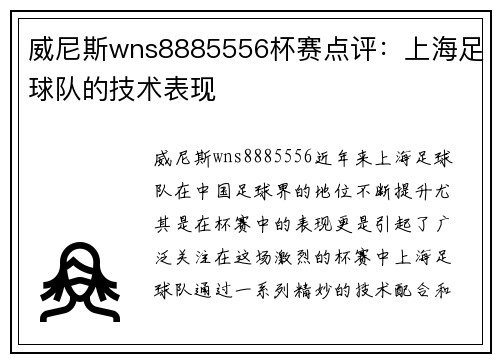 威尼斯wns8885556杯赛点评：上海足球队的技术表现