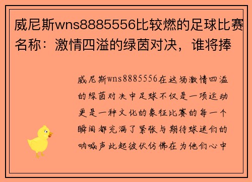 威尼斯wns8885556比较燃的足球比赛名称：激情四溢的绿茵对决，谁将捧起冠军奖杯