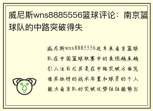 威尼斯wns8885556篮球评论：南京篮球队的中路突破得失